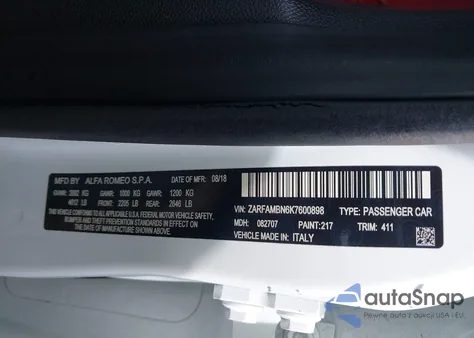 2019 Alfa Romeo Giulia Ti Rwd z USA, uszkodzony, nr VIN ZARFAMBN6K7600898